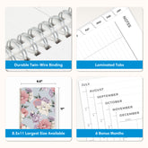 planner features twin wire o binding, monthly tabs, and optimizing planning size