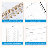 Collage of a planner with features highlighted, including durable twin-wire binding, special resources tab, and premium paper, laminated monthly tabs
