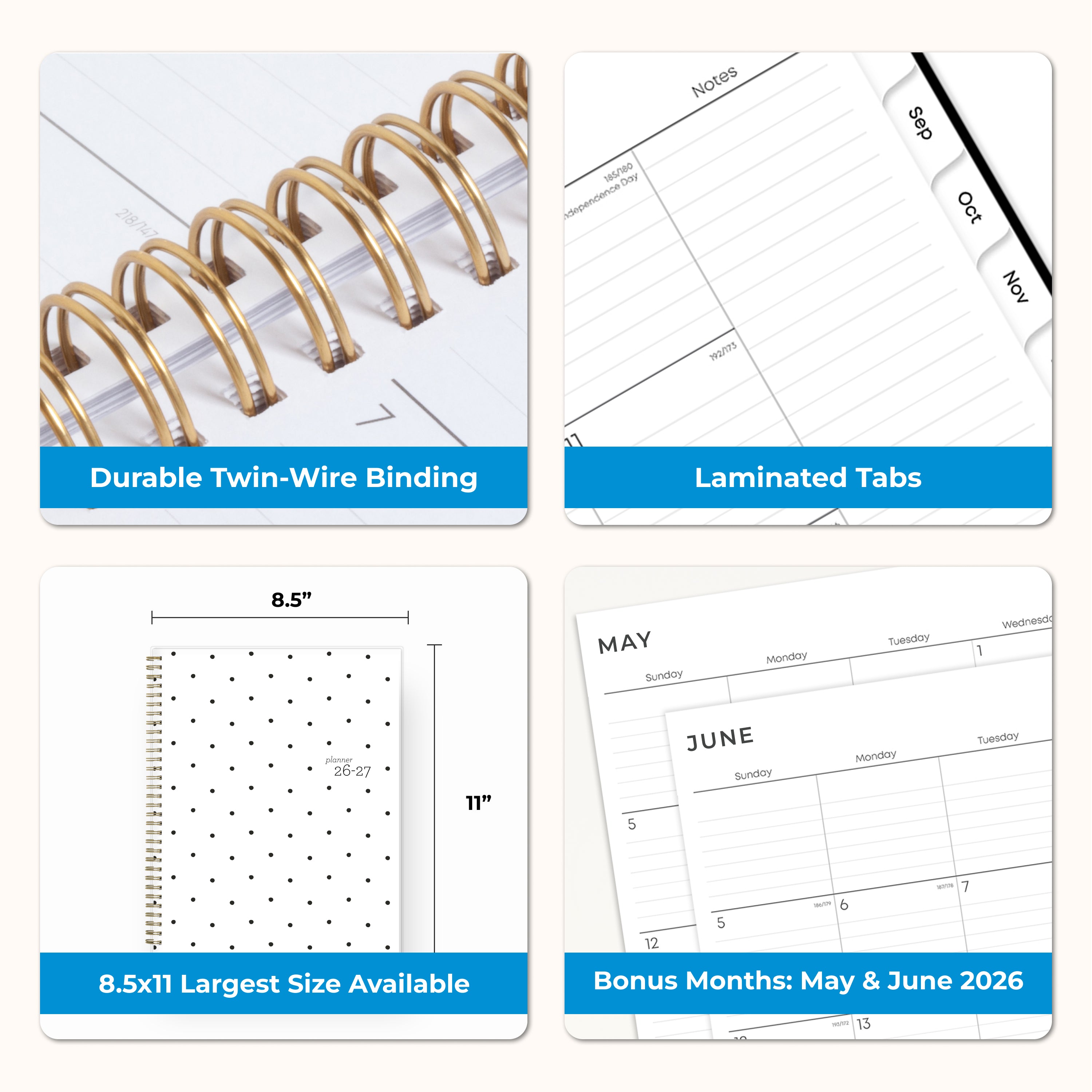 Collage of a planner with features highlighted, including durable twin-wire binding, special resources tab, and premium paper, laminated monthly tabs

