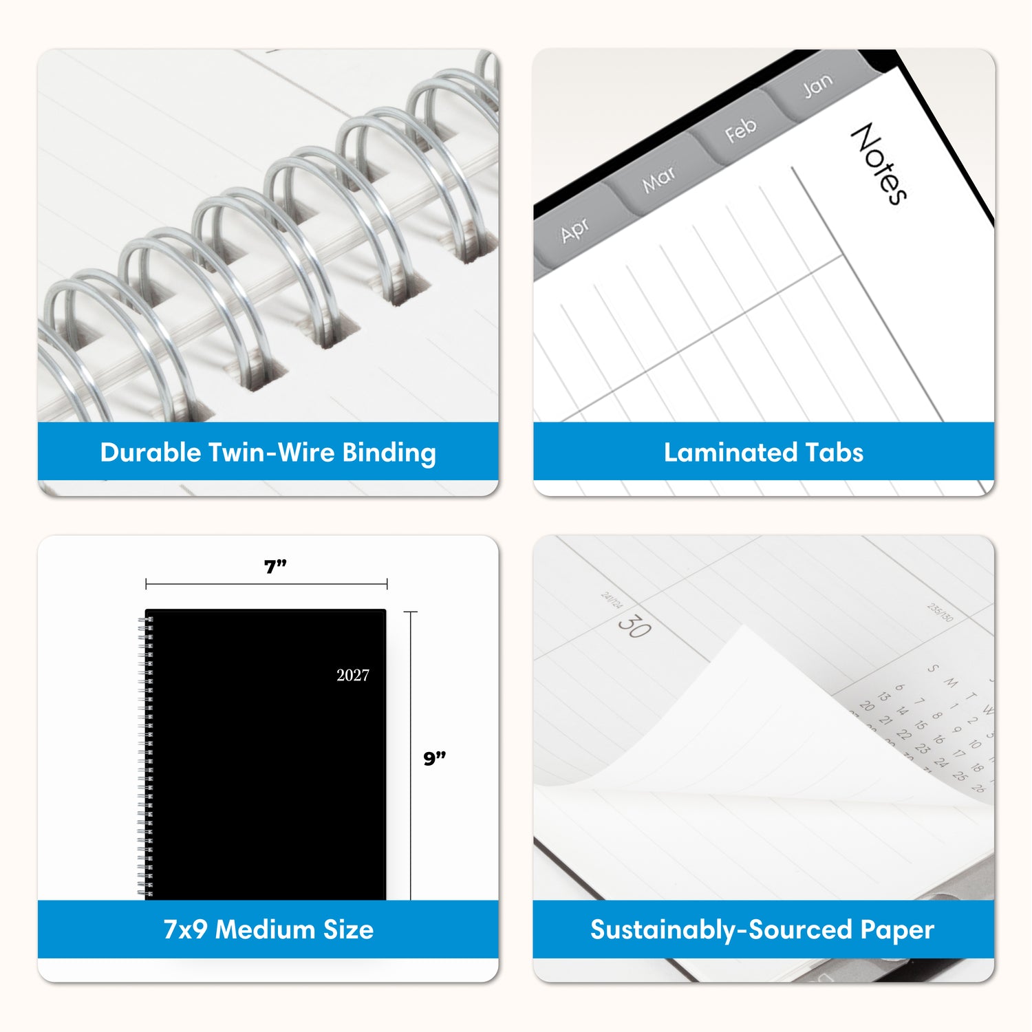 product features dual twin wire binding, laminated tabs, 7x9 size, and quality paper