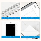 product features dual twin wire binding, laminated tabs, 7x9 size, and quality paper