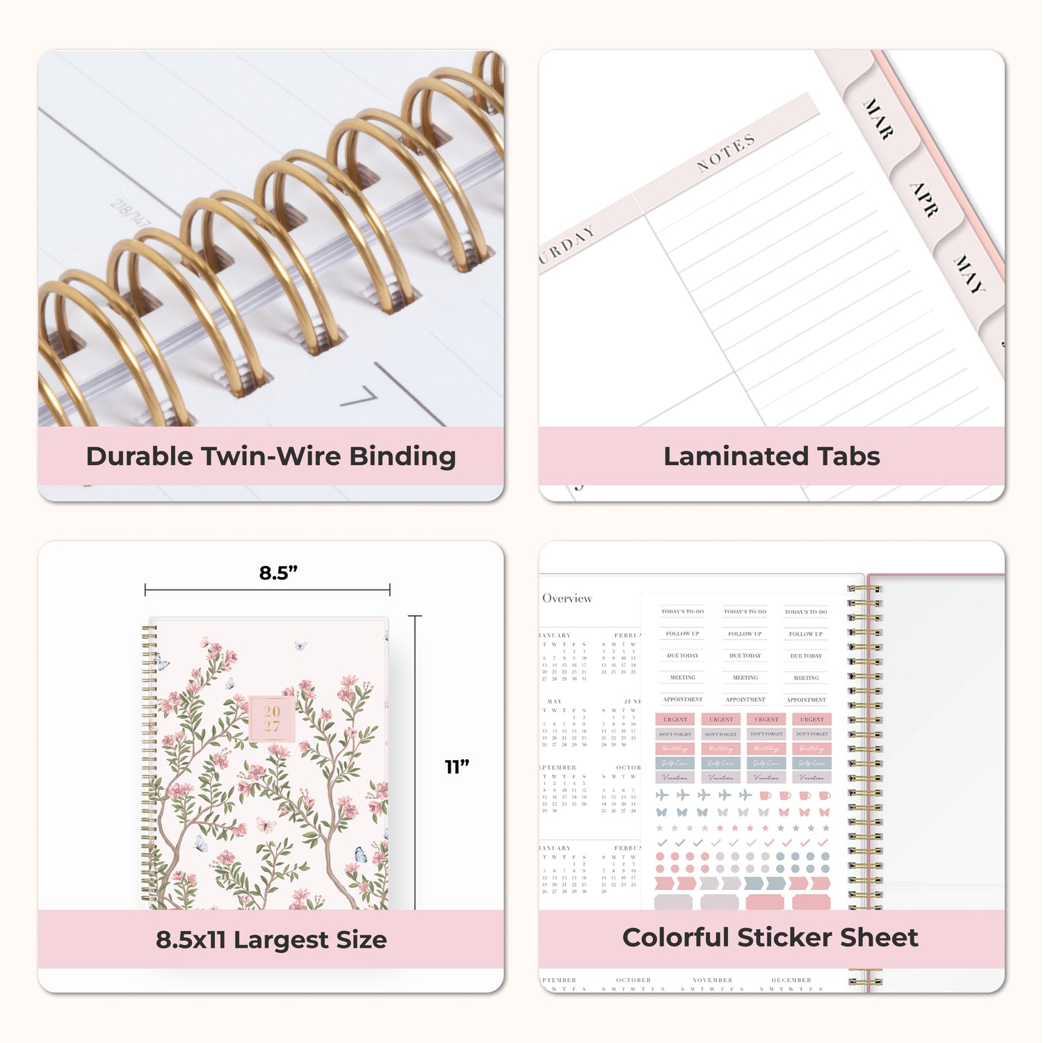 planner features twin wire o binding, monthly tabs, and optimizing planning size