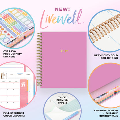 planner featuring bonus content like yearly overview, important dates, holidays, states and capitals, sticker sheets, thick paper and nice coil
