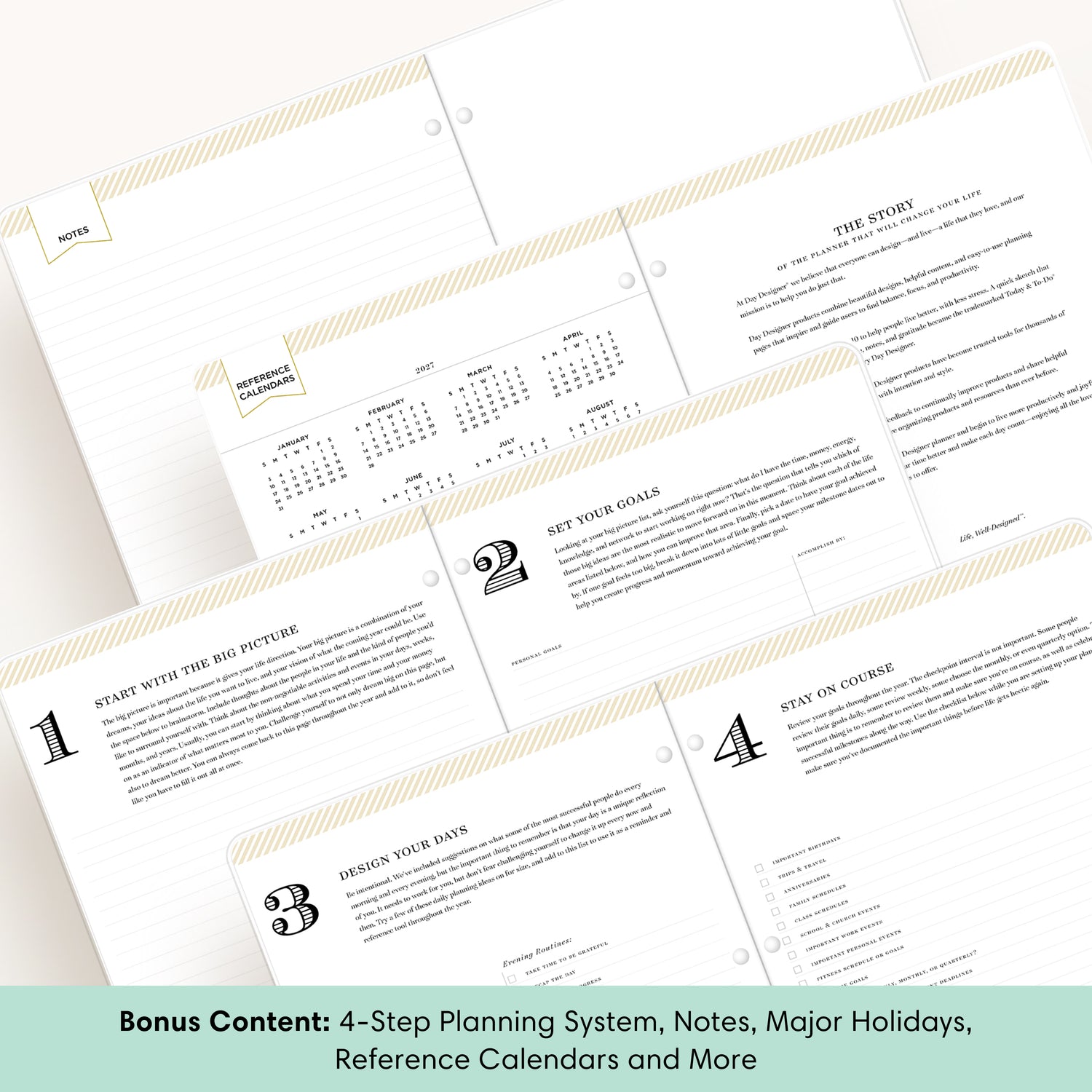 planner featuring bonus content like yearly overview, important dates, holidays,