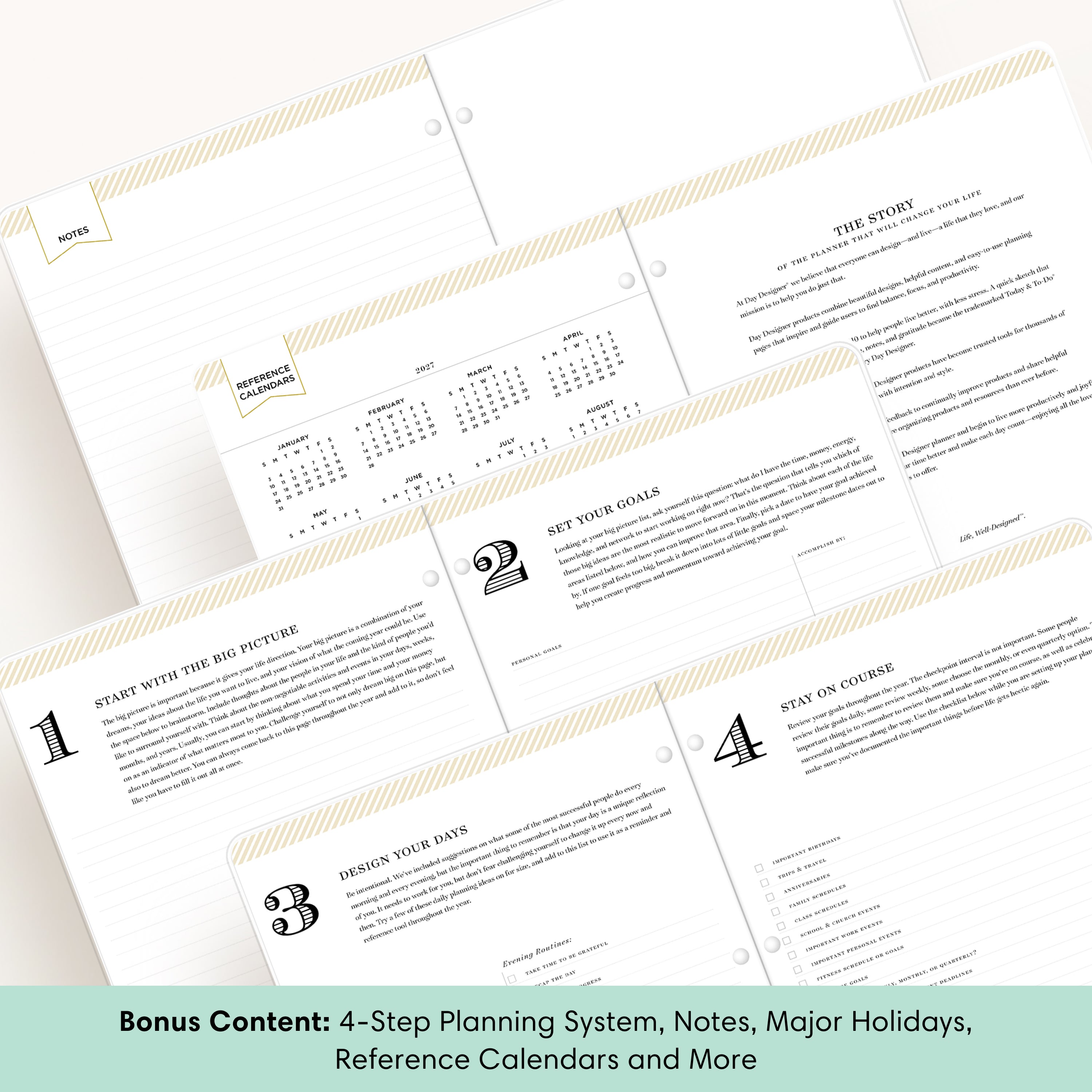 planner featuring bonus content like yearly overview, important dates, holidays,