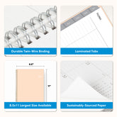 product features dual twin wire binding, laminated tabs, 8.5x11 size, and quality paper