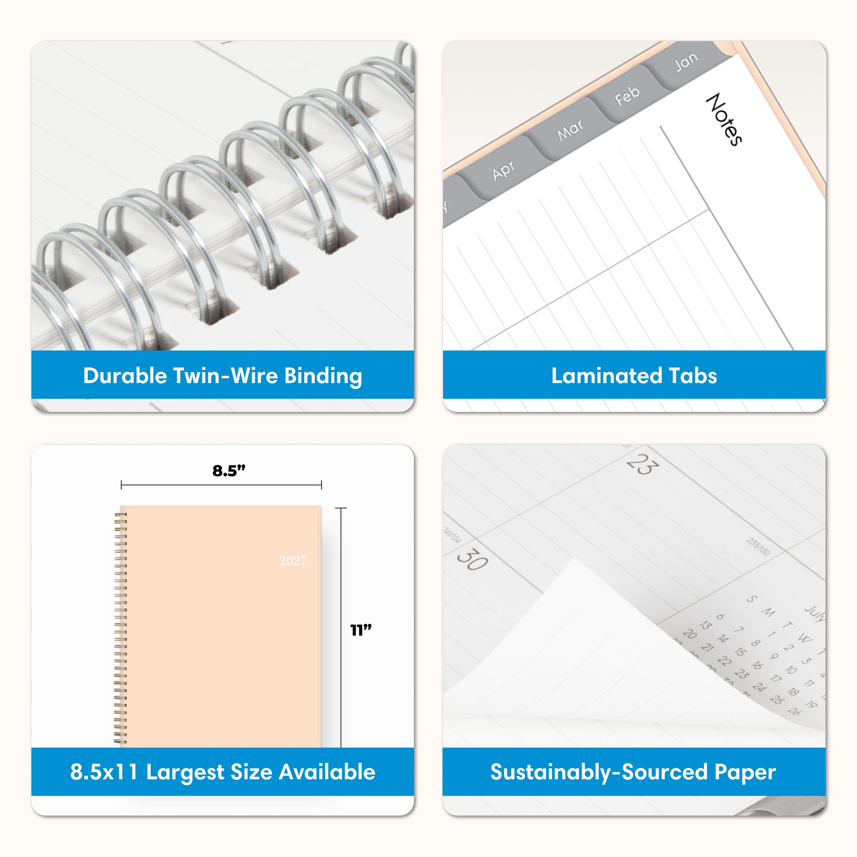 product features dual twin wire binding, laminated tabs, 8.5x11 size, and quality paper
