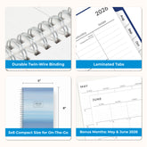Collage of a planner with features highlighted, including durable twin-wire binding, special resources tab, and premium paper, laminated monthly tabs
