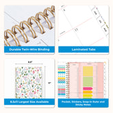 Collage of a planner with features highlighted, including durable twin-wire binding, special resources tab, and premium paper, laminated monthly tabs, sticker sheets, ruler, and sticky notes