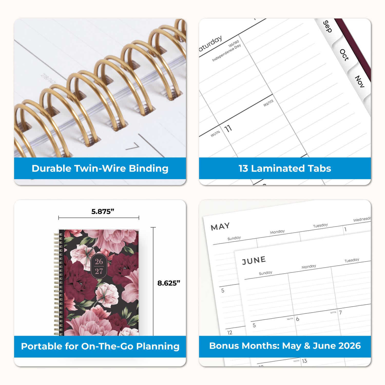 Calendar planner with features highlighted on a white background like gold twin wire o binding, laminated tabs, bonus months