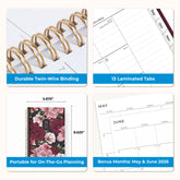 Calendar planner with features highlighted on a white background like gold twin wire o binding, laminated tabs, bonus months