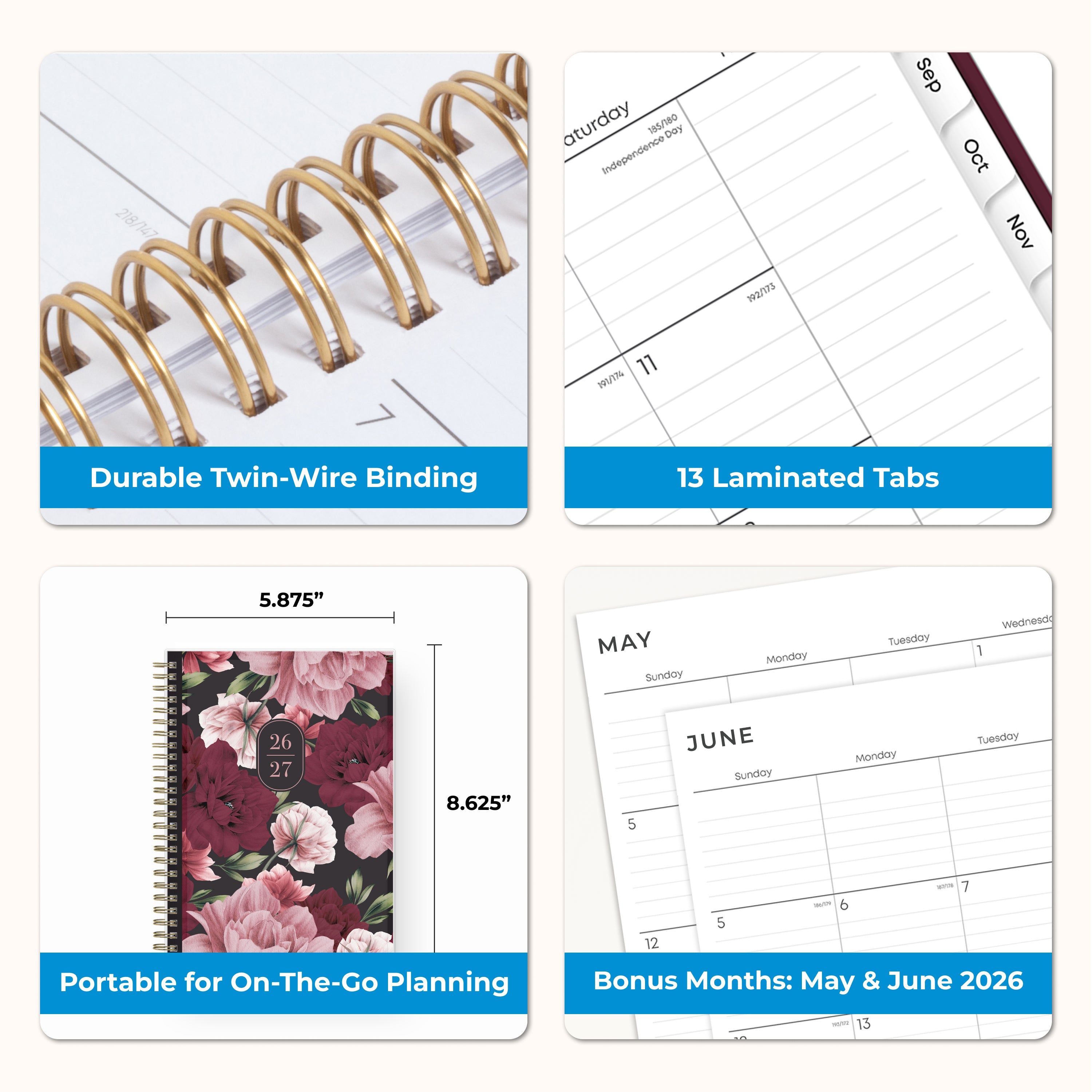 Calendar planner with features highlighted on a white background like gold twin wire o binding, laminated tabs, bonus months