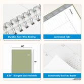 product features dual twin wire binding, laminated tabs, 8.5x11 size, and quality paper