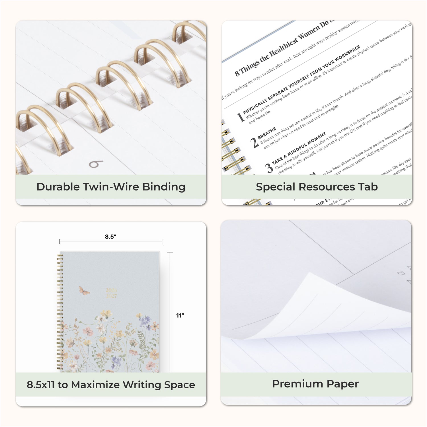 Collage of a planner with features highlighted, including durable twin-wire binding, special resources tab, and premium paper, laminated monthly tabs