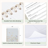 Collage of a planner with features highlighted, including durable twin-wire binding, special resources tab, and premium paper, laminated monthly tabs