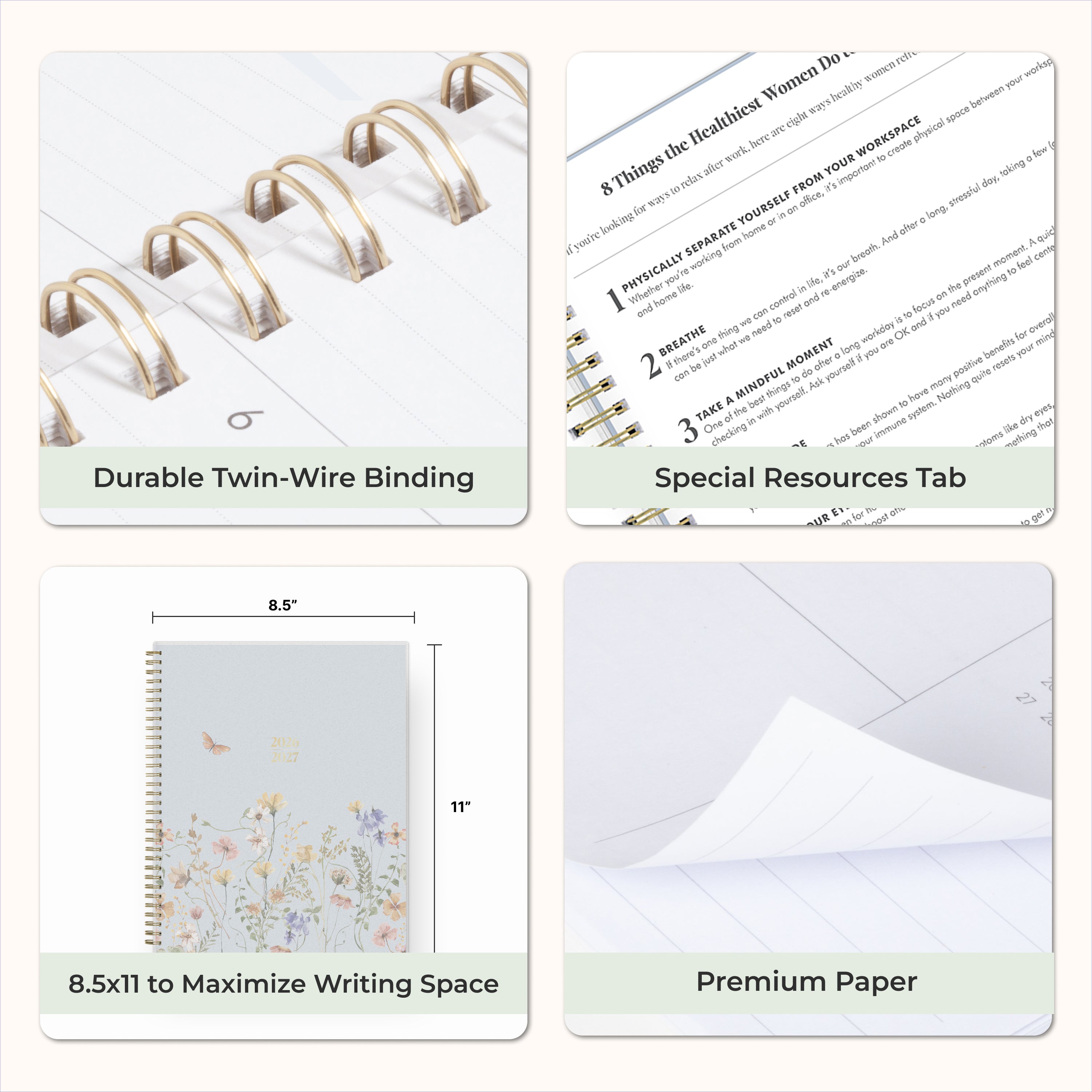 Collage of a planner with features highlighted, including durable twin-wire binding, special resources tab, and premium paper, laminated monthly tabs