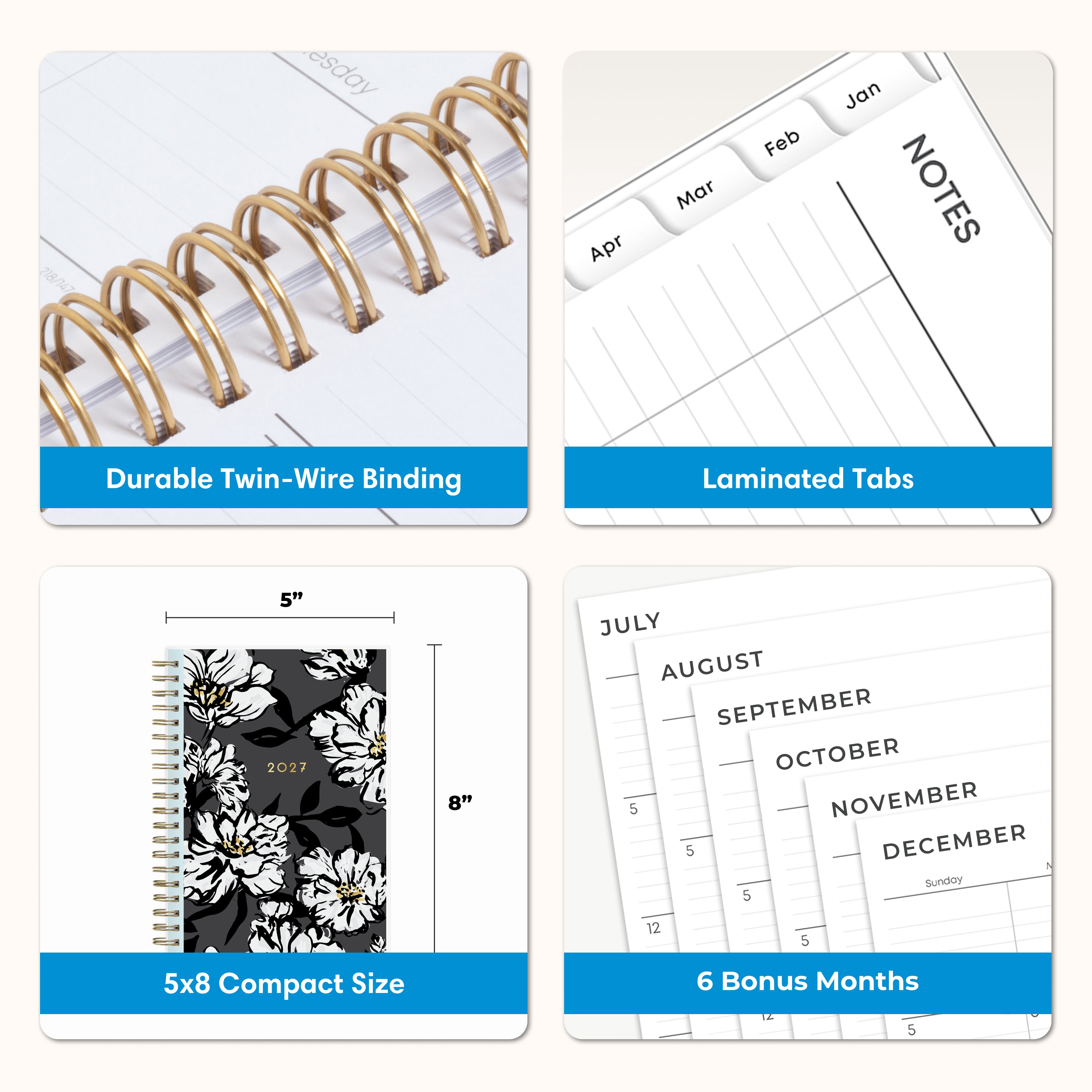 planner features twin wire o binding, monthly tabs, and optimizing planning size