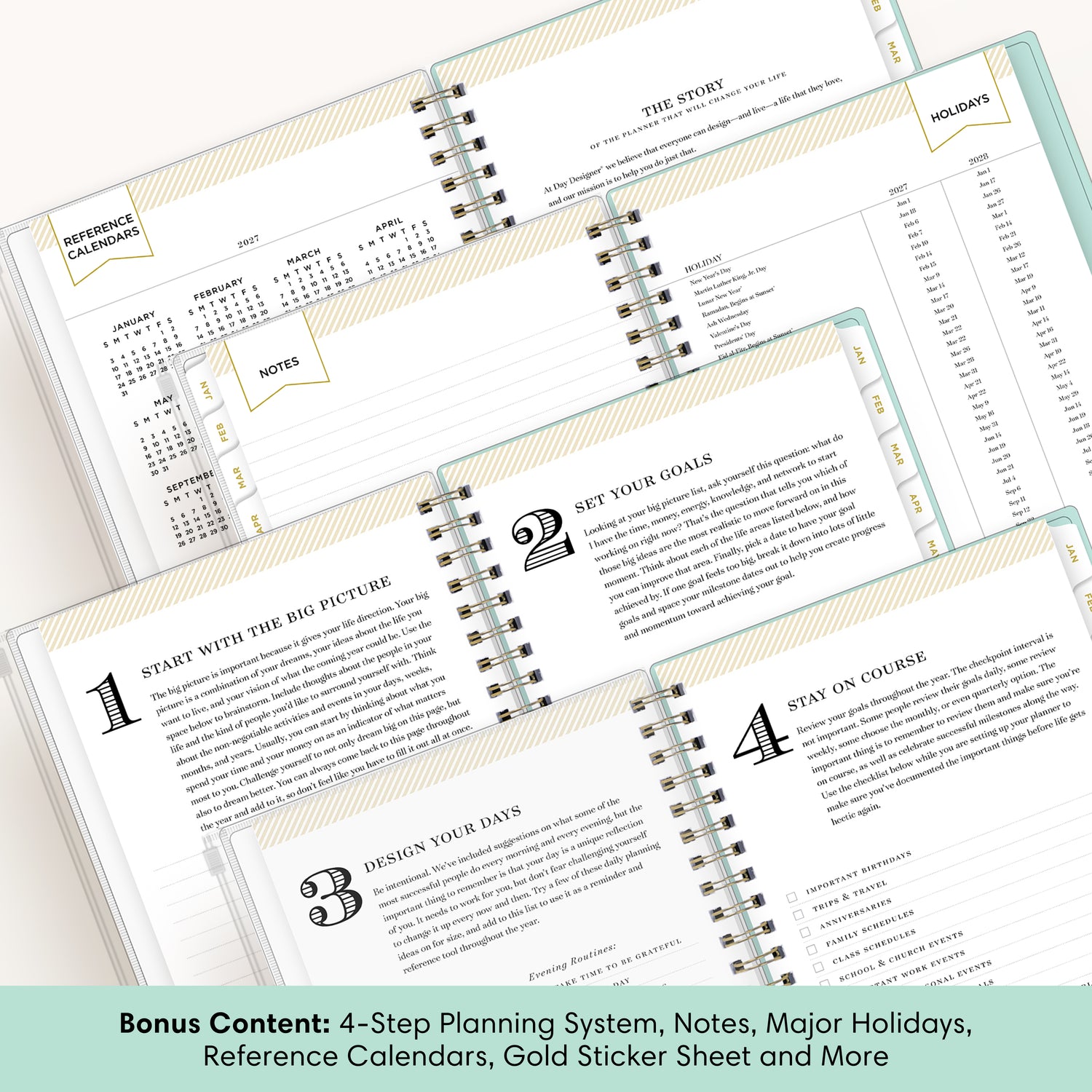 planner featuring bonus content like yearly overview, important dates, holidays, states and capitals