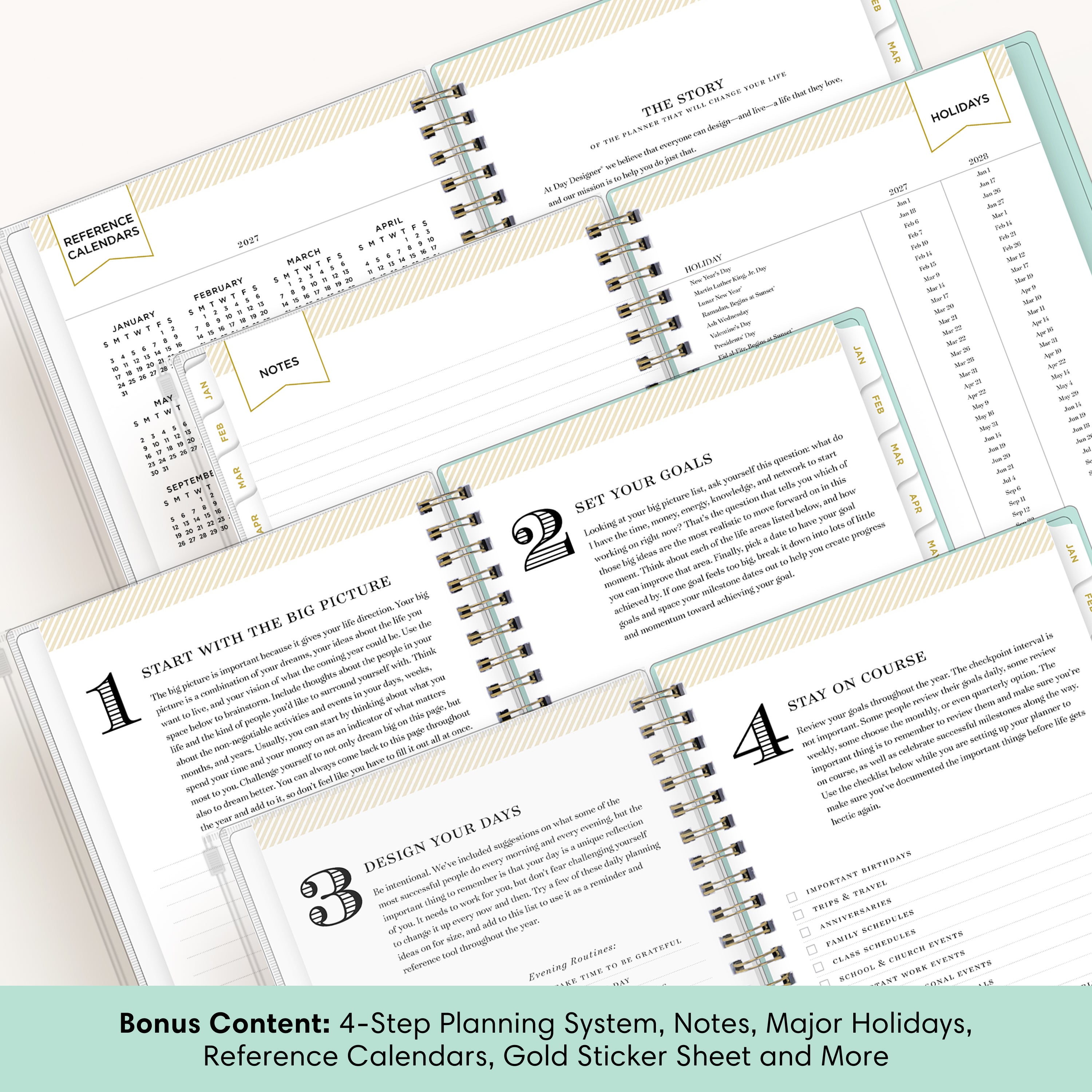 planner featuring bonus content like yearly overview, important dates, holidays, states and capitals