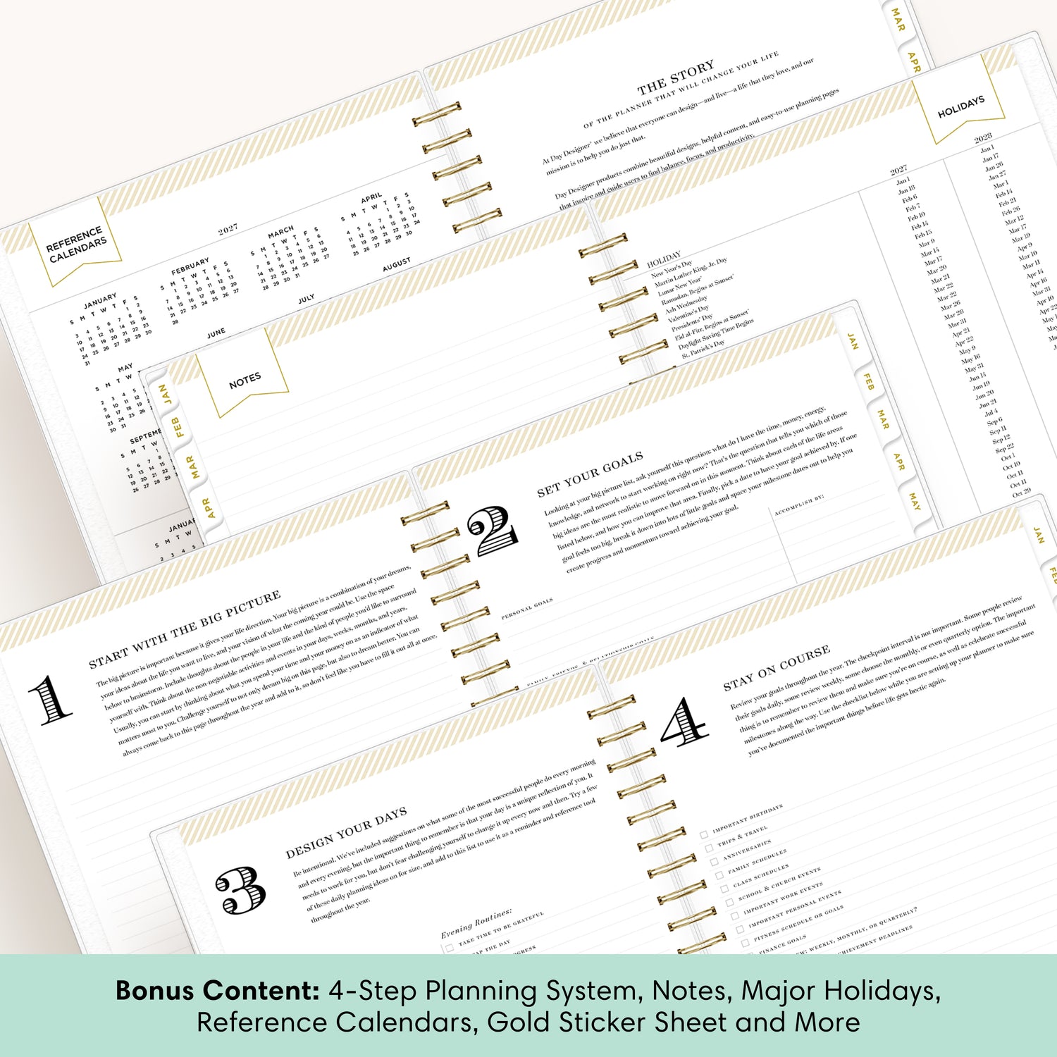 planner featuring bonus content like yearly overview, important dates, holidays, states and capitals
