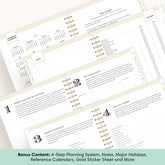 planner featuring bonus content like yearly overview, important dates, holidays, states and capitals
