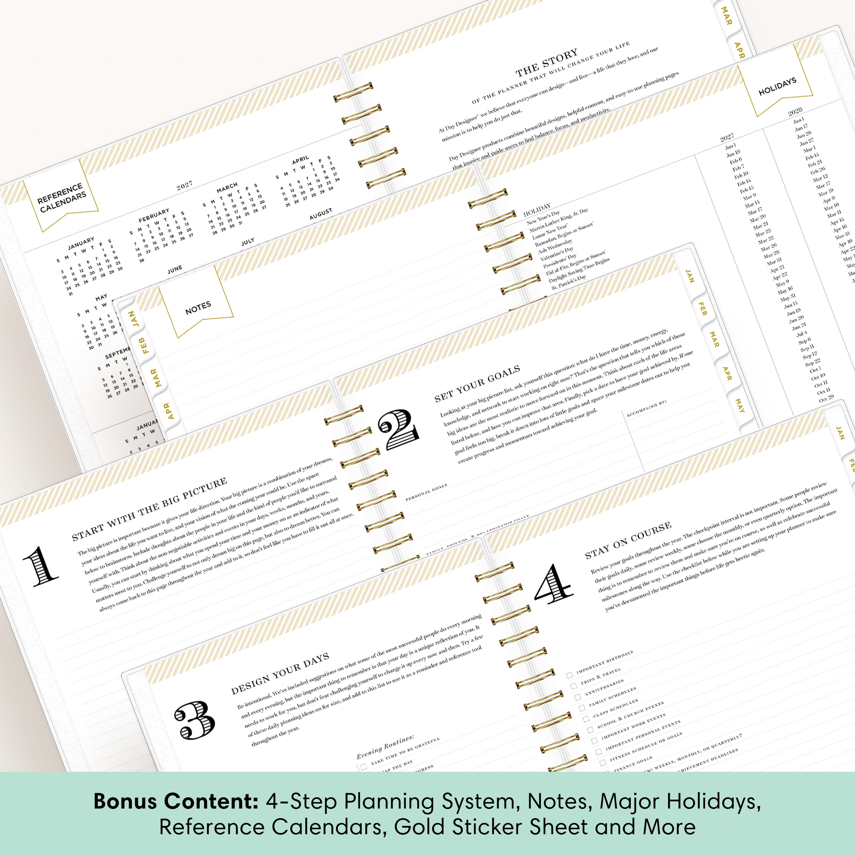 planner featuring bonus content like yearly overview, important dates, holidays, states and capitals
