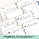 planner features twin wire o binding, monthly tabs, and optimizing planning size