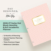 this july 2026 - june 2027 planner features a monthly spread with ample writing space for each day, monthly reference calendar, sections for note taking, bullet points, and check lists.
