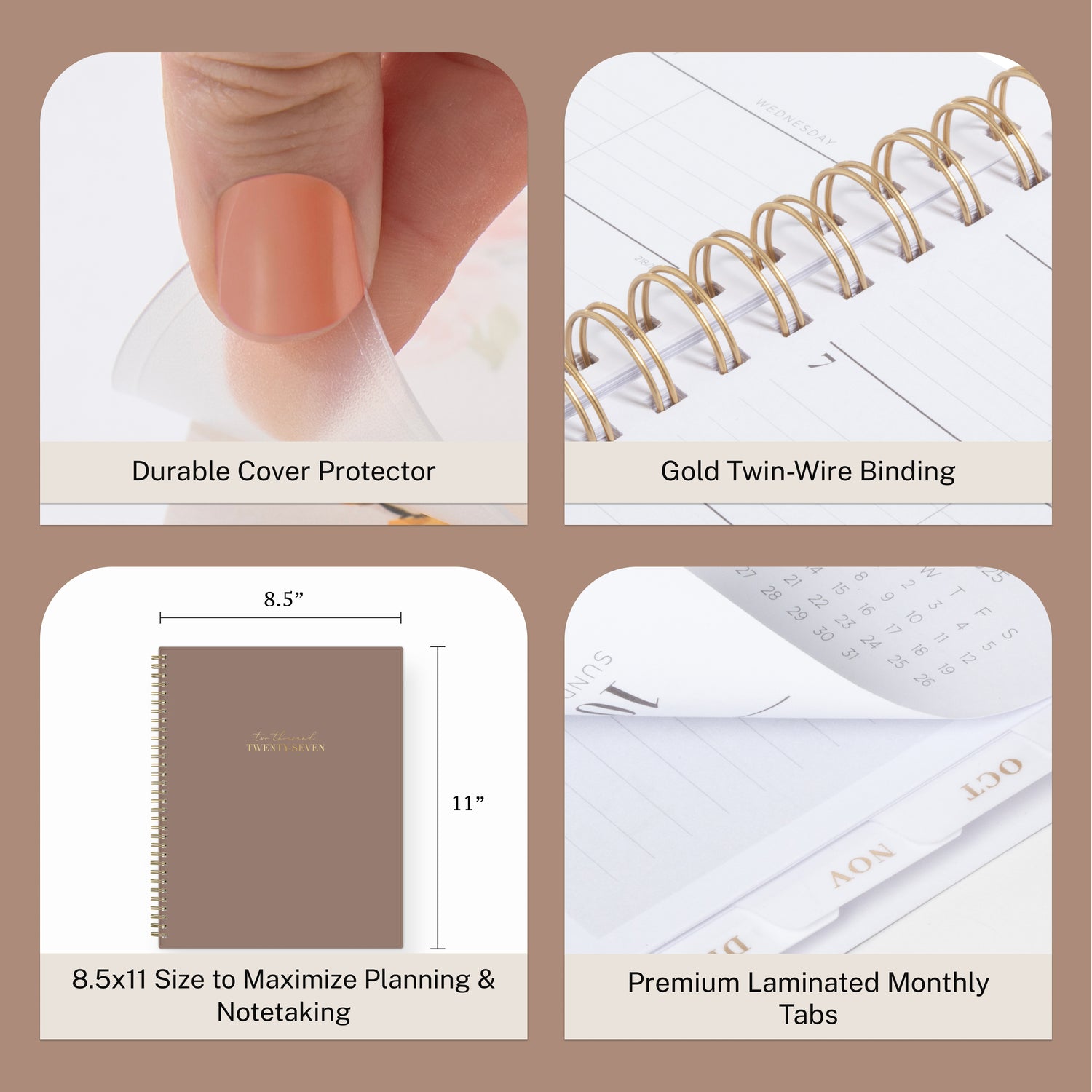 planner features twin wire o binding, monthly tabs, and optimizing planning size
