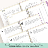 planner featuring bonus content like yearly overview, important dates, holidays, states and capitals