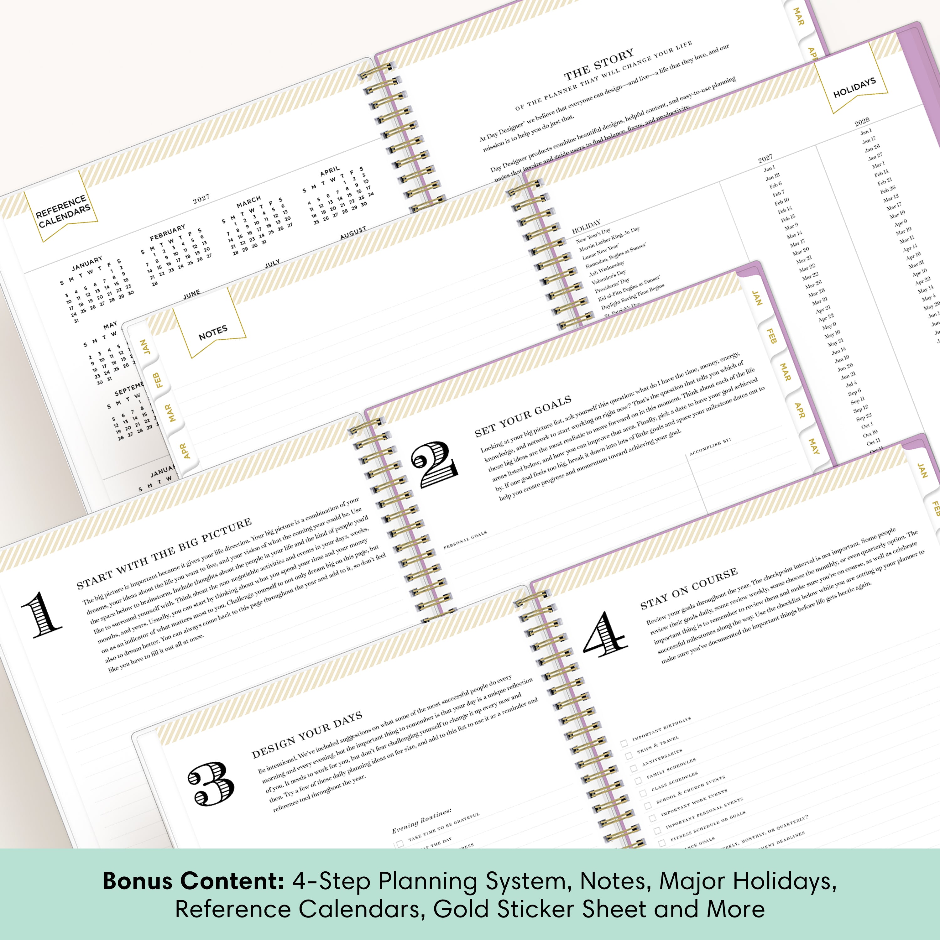 planner featuring bonus content like yearly overview, important dates, holidays, states and capitals