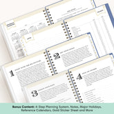 planner featuring bonus content like yearly overview, important dates, holidays, states and capitals