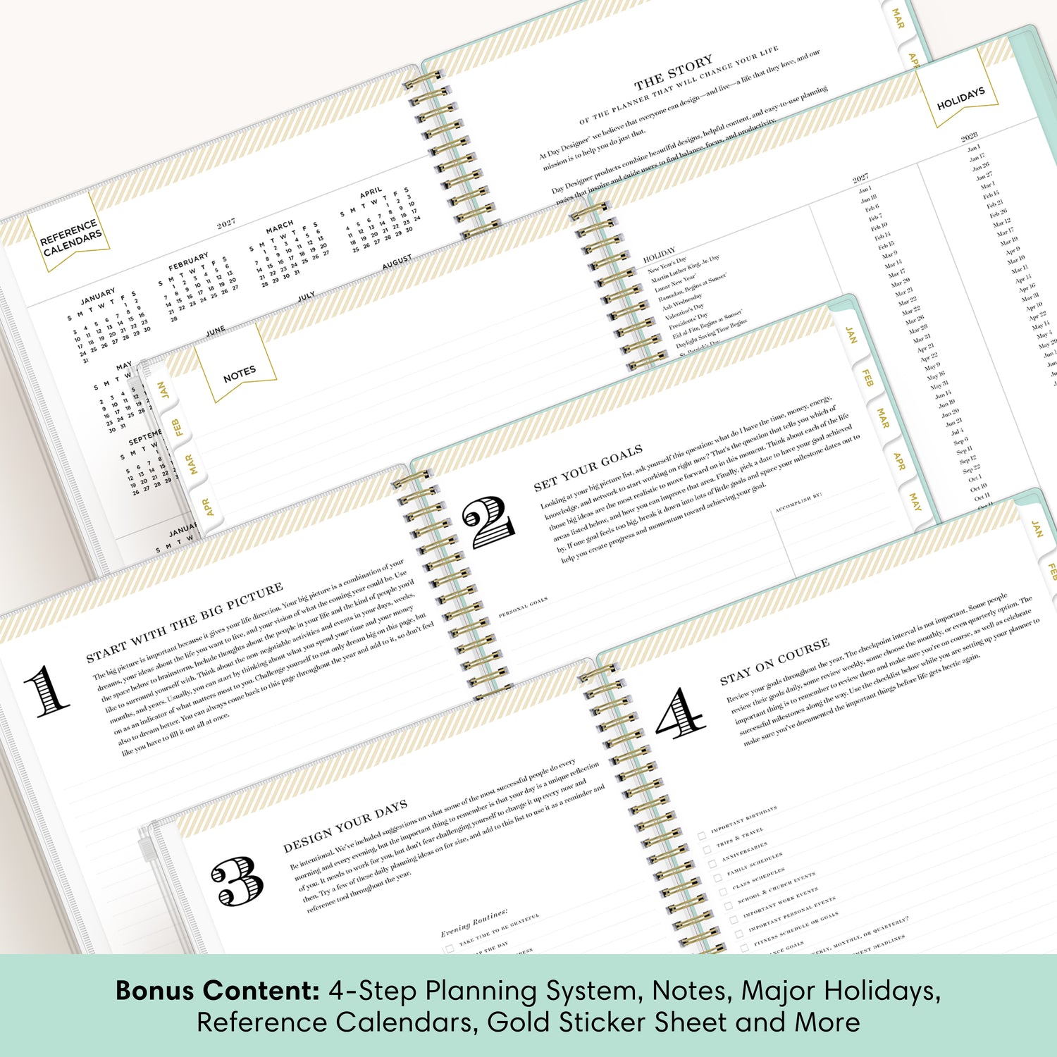 planner featuring bonus content like yearly overview, important dates, holidays, states and capitals