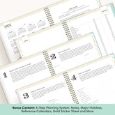 planner featuring bonus content like yearly overview, important dates, holidays, states and capitals