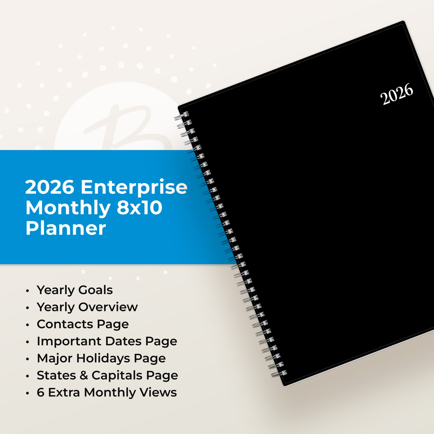 2026 planner black cover featuring overview of features like goals, contacts page, etc.