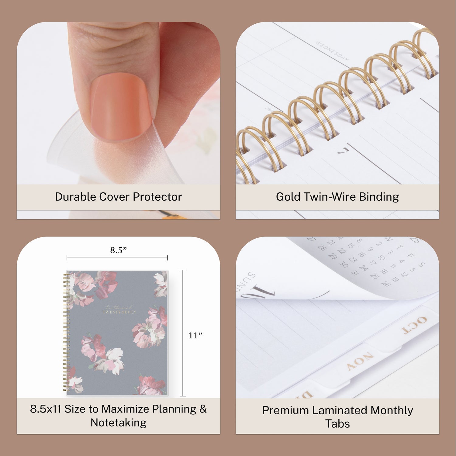 planner features twin wire o binding, monthly tabs, and optimizing planning size