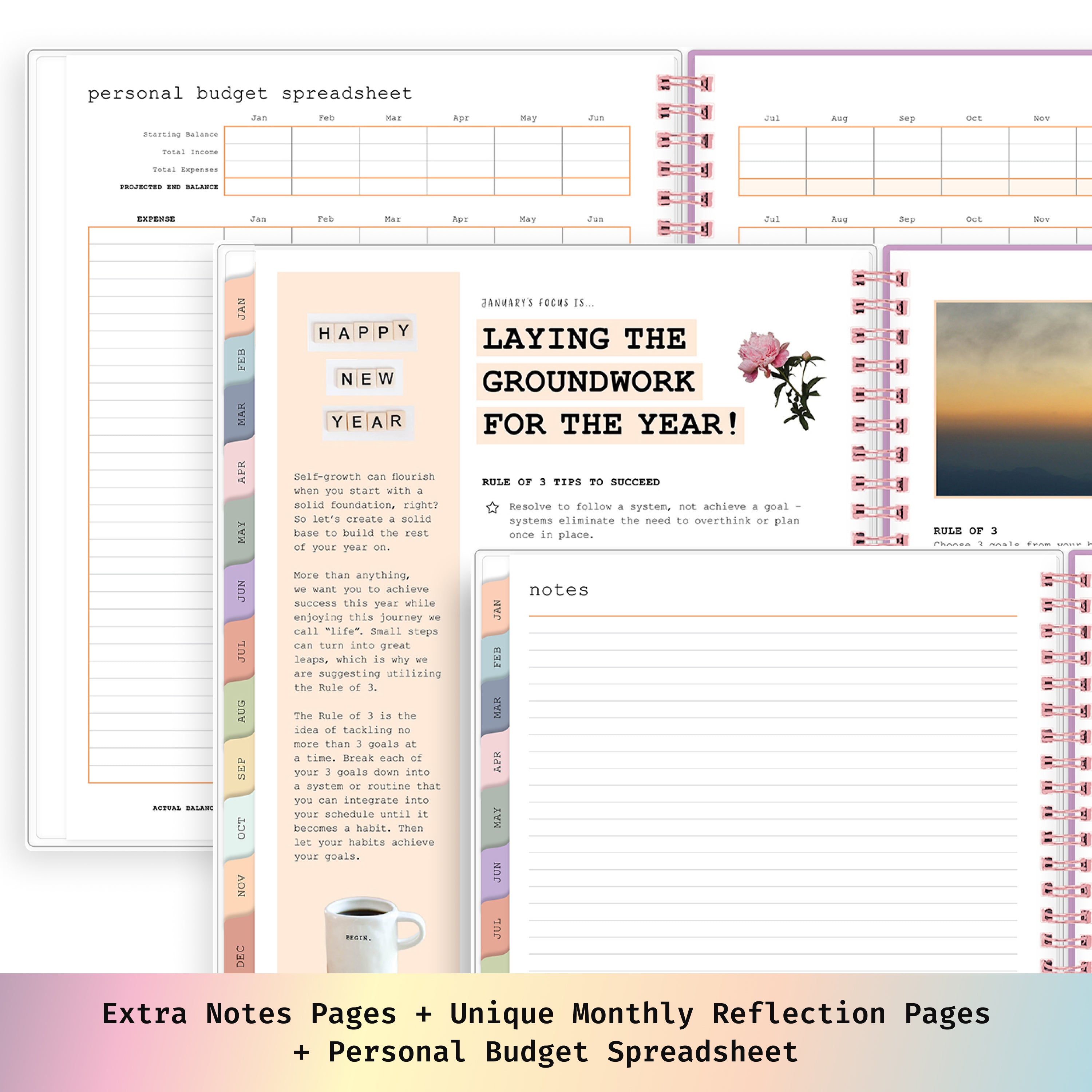 planner featuring bonus content like yearly overview, important dates, holidays, states and capitals, unique monthly content