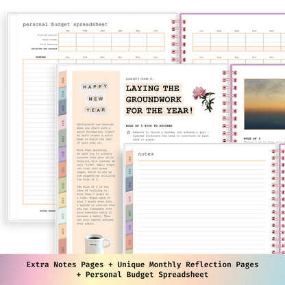 planner featuring bonus content like yearly overview, important dates, holidays, states and capitals, unique monthly content
