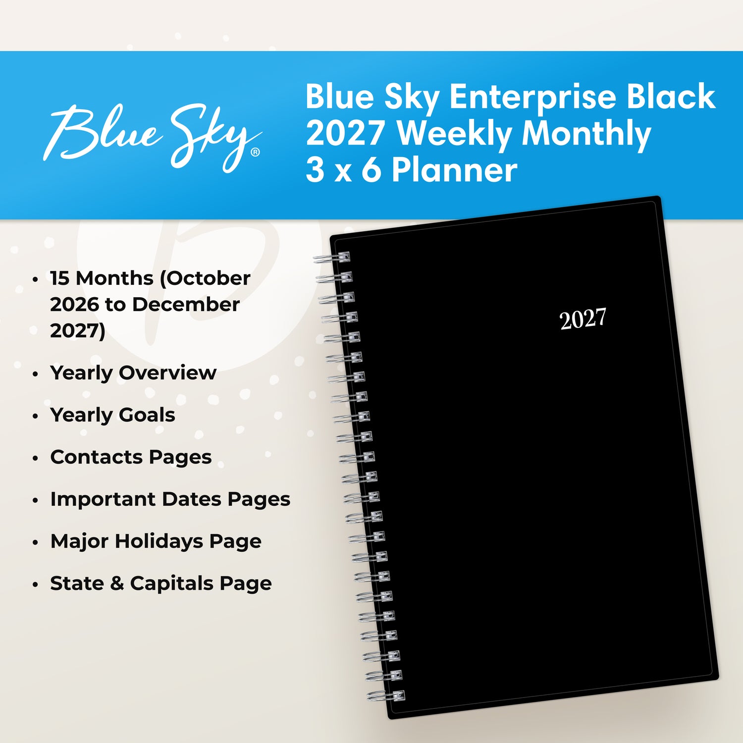 pocket sized planner with 3.625x6.125 page size and front solid black cover with featuring like yearly overview, goals, contacts page, important dates and holidays