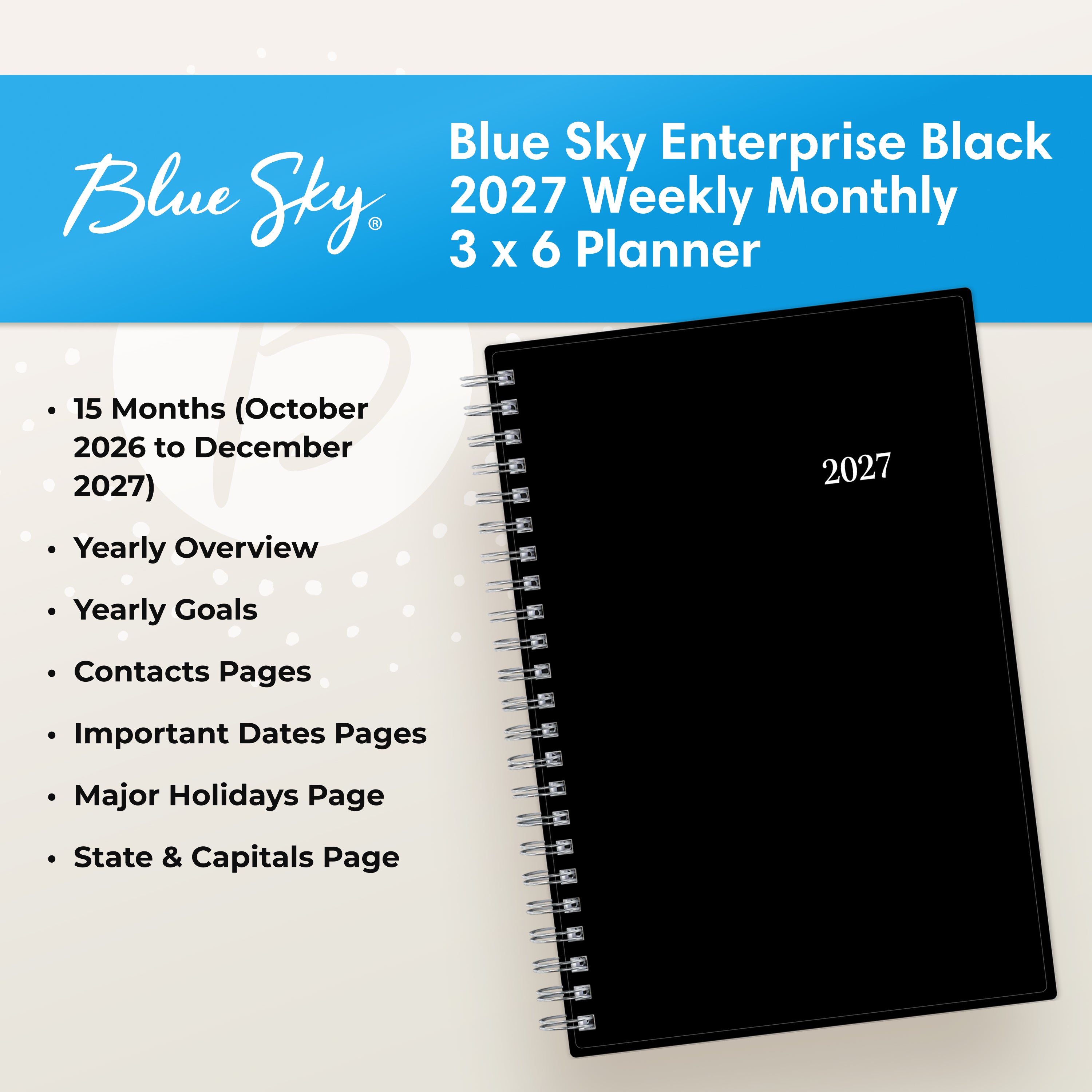 pocket sized planner with 3.625x6.125 page size and front solid black cover with featuring like yearly overview, goals, contacts page, important dates and holidays