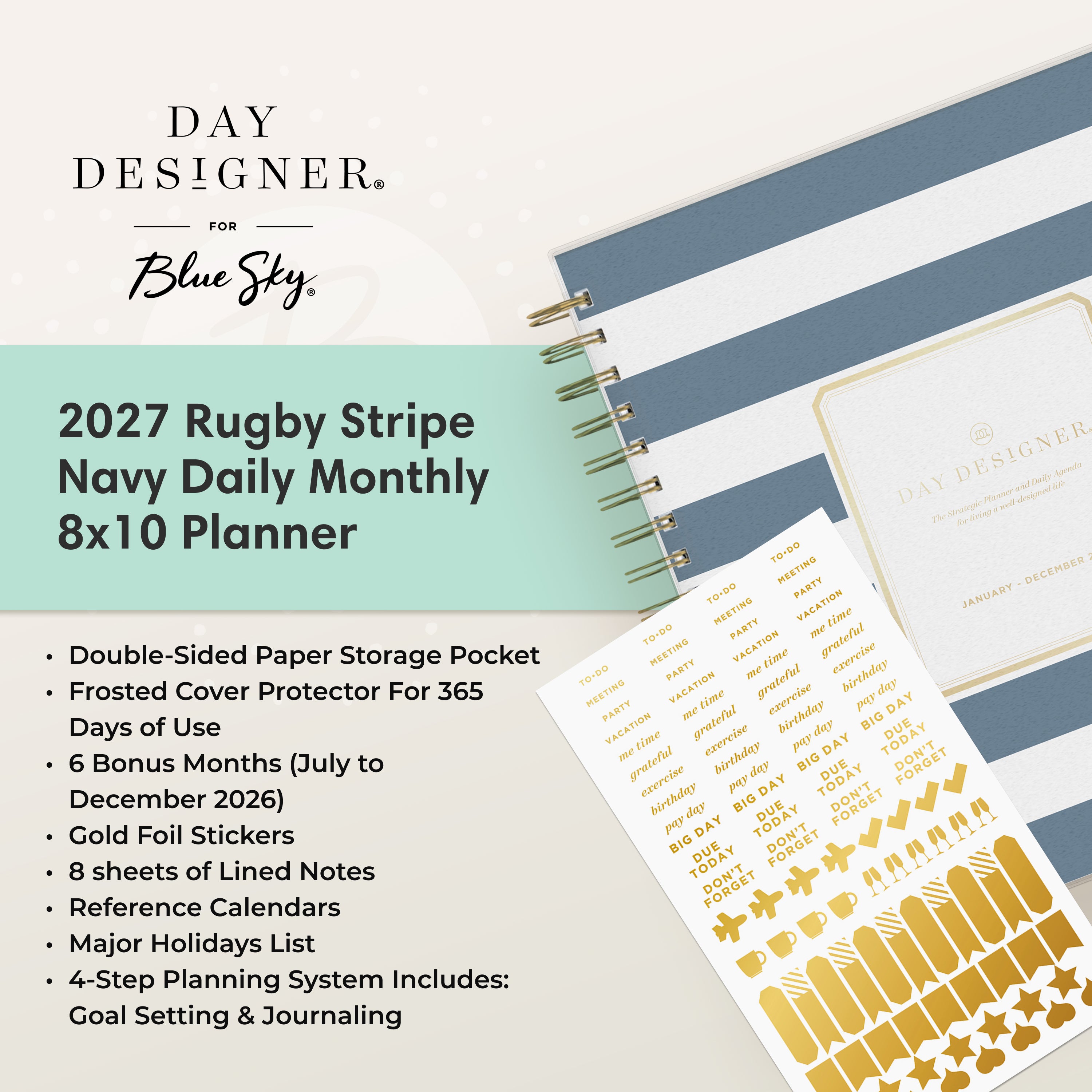planner featuring bonus content like yearly overview, important dates, holidays, states and capitals, sticker sheets, 
