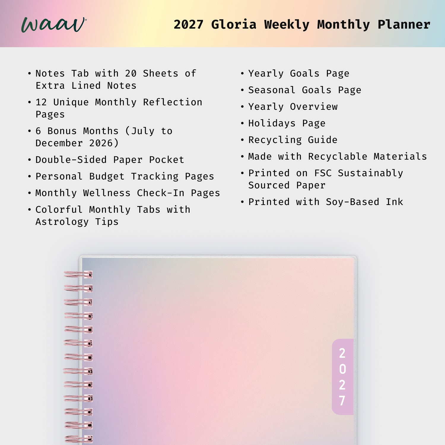 planner featuring bonus content like yearly overview, important dates, holidays, states and capitals