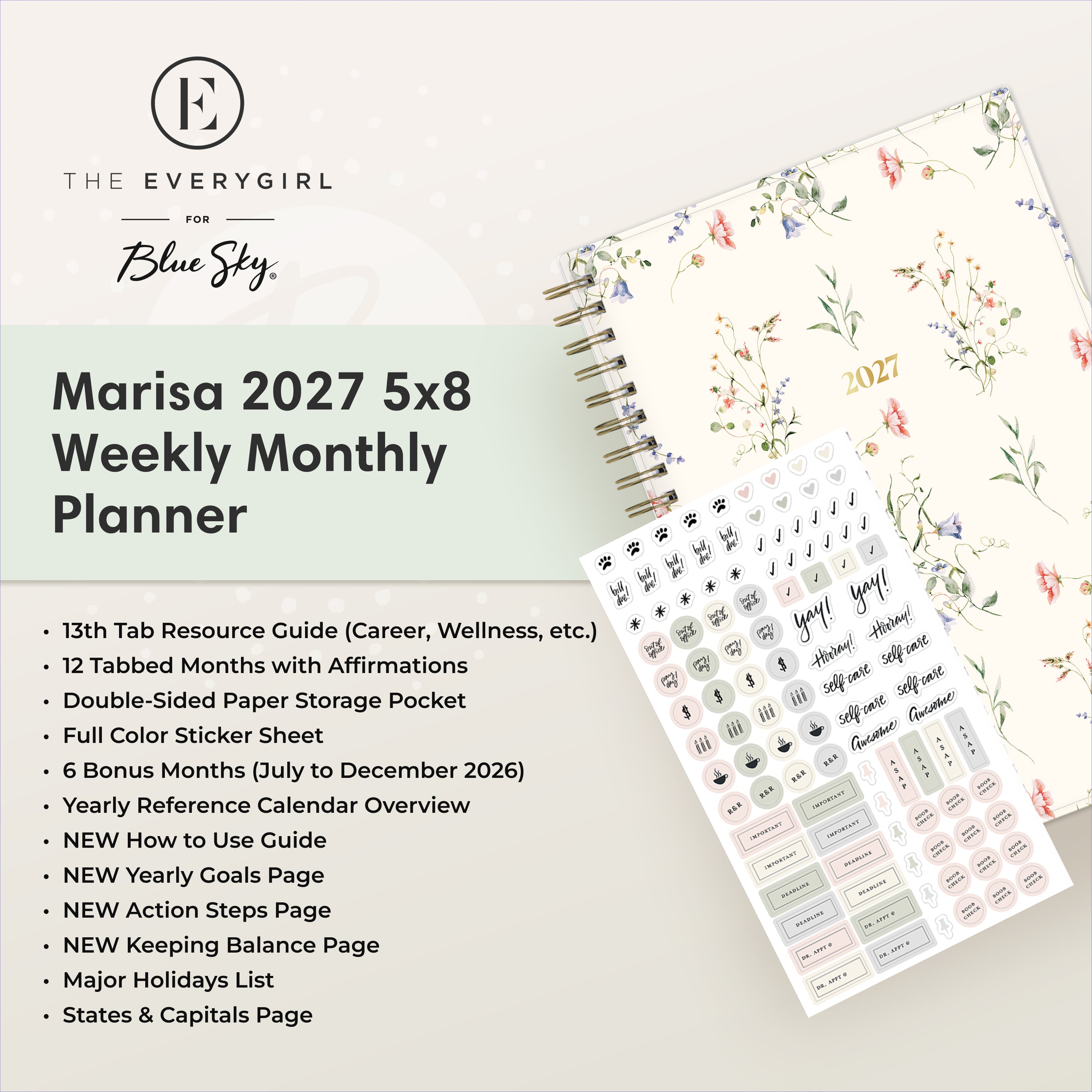 planner featuring bonus content like yearly overview, important dates, holidays, states and capitals