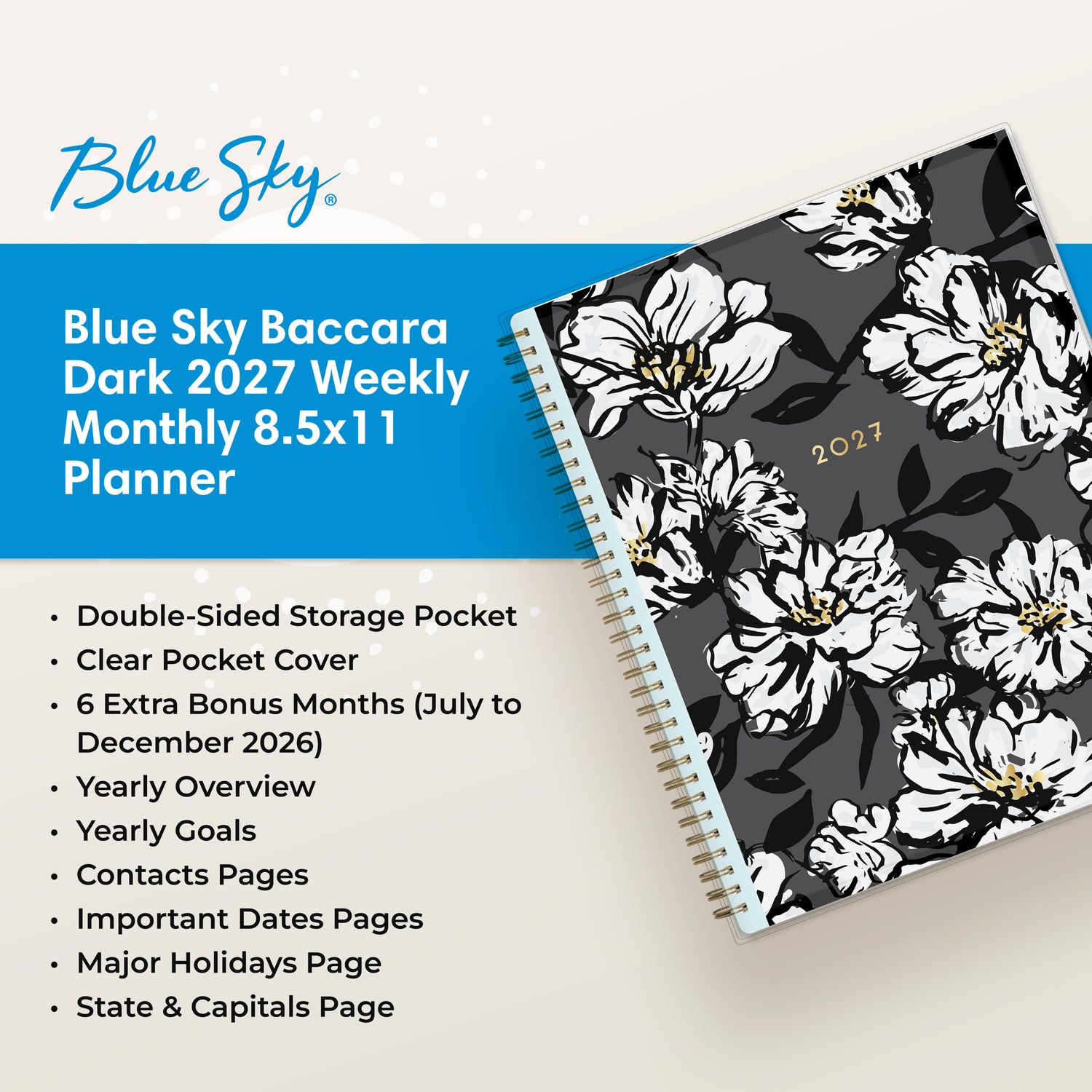 Baccara Dark 2027 Weekly Monthly 8.5x11 Planning Calendar