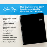 2027 planner with Blue Sky branding and features listed on a white features like storage pocket, holidays, capitals, contacts, 