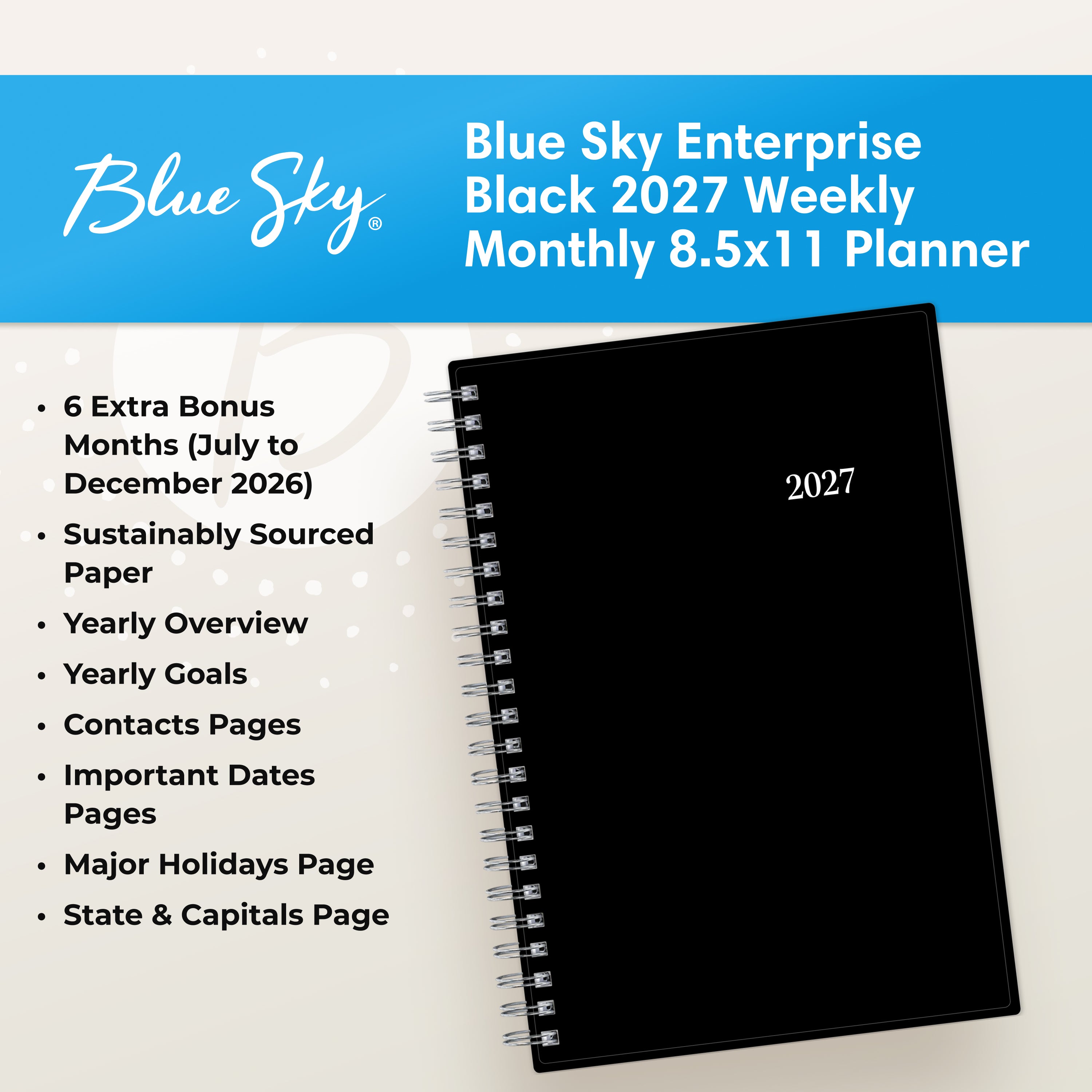feature callout for this 2027 planner includes notes pages, goals, overview, dates page, holidays.