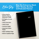 feature callout for this 2027 planner includes notes pages, goals, overview, dates page, holidays.