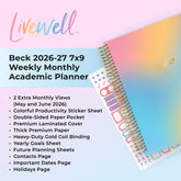 Livewell planner with colorful design and text detailing features on a light blue background, content pages like paper pocket, yearly goals