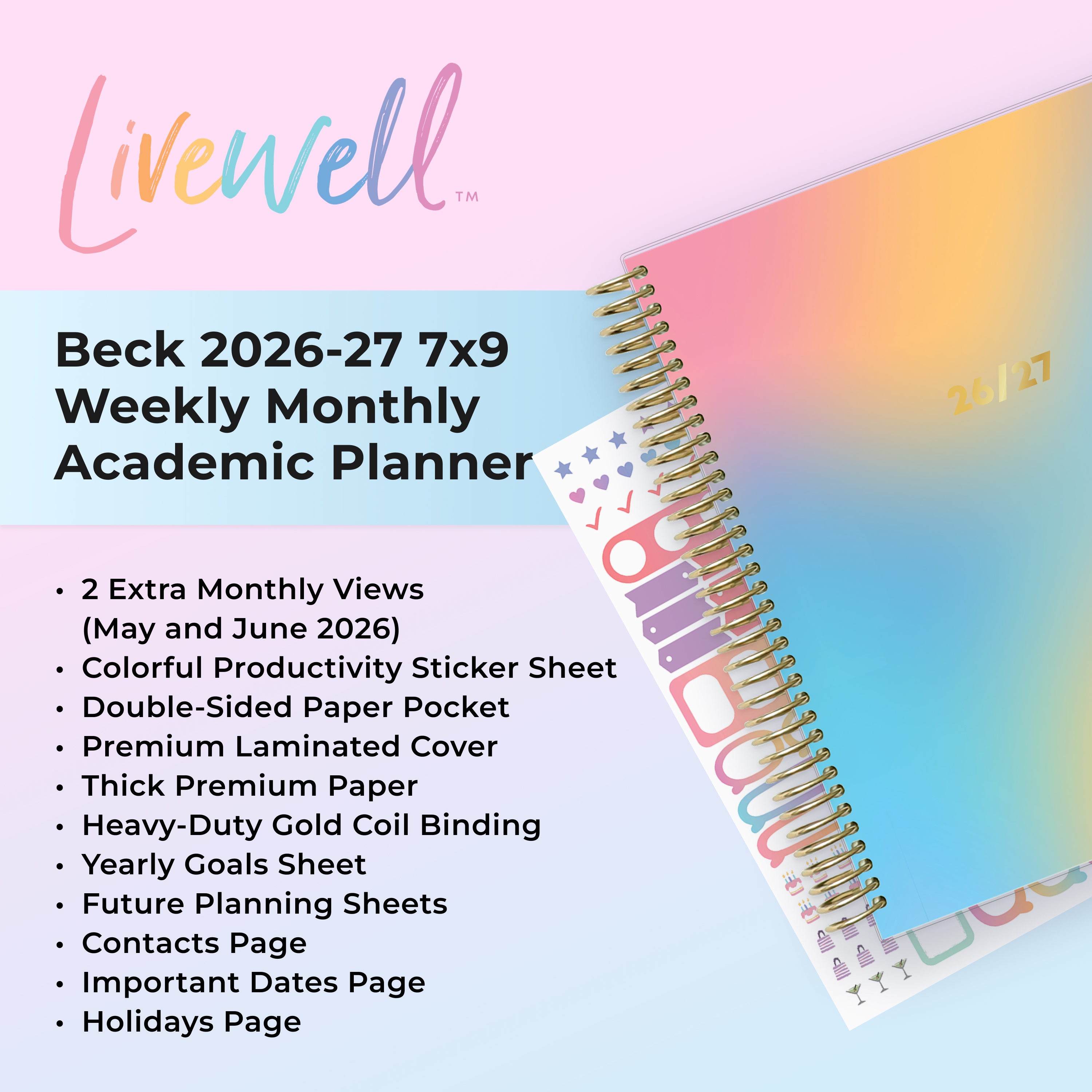 Livewell planner with colorful design and text detailing features on a light blue background, content pages like paper pocket, yearly goals