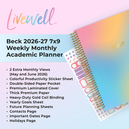 Livewell planner with colorful design and text detailing features on a light blue background, content pages like paper pocket, yearly goals
